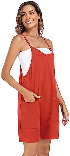Women's Summer Casual Sleeveless Rompers Loose Adjustable Spaghetti Strap Shorts Jumpsuit with Pockets