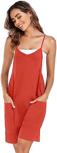 Women's Summer Casual Sleeveless Rompers Loose Adjustable Spaghetti Strap Shorts Jumpsuit with Pockets