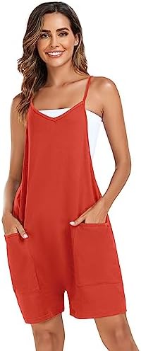 Women's Summer Casual Sleeveless Rompers Loose Adjustable Spaghetti Strap Shorts Jumpsuit with Pockets