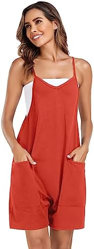 Women's Summer Casual Sleeveless Rompers Loose Adjustable Spaghetti Strap Shorts Jumpsuit with Pockets