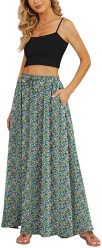 Women's Flowy Maxi Skirt Summer Pleated High Waisted Casual Long Skirts with Pockets