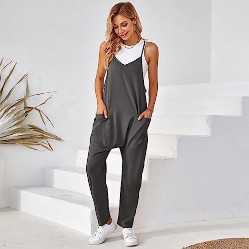 Women's Casual Sleeveless Jumpsuits Adjustbale Spaghetti Strap Loose Romper Long Pants Overalls with Pockets