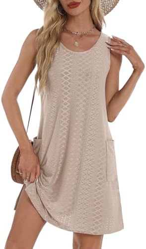 Coverup Summer Dresses for Women 2025 Eyelet Casual Loose Sleeveless Sundresses Tank Dresses with Pockets
